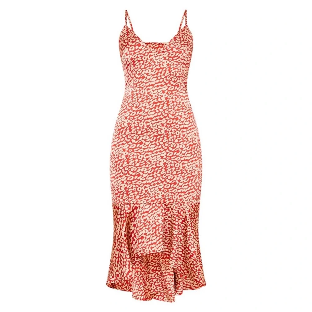 PrettyLittleThing; PLT; Red Leopard Print Frill Hem Midi Dress; Size: US 4 - Picture 1 of 4